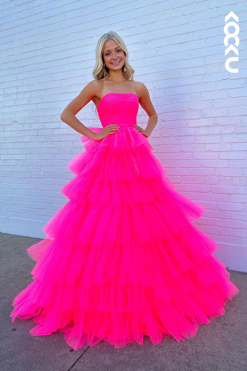 L1684 - Strapless Hot Pink A-Line Tulle Long Prom Gown