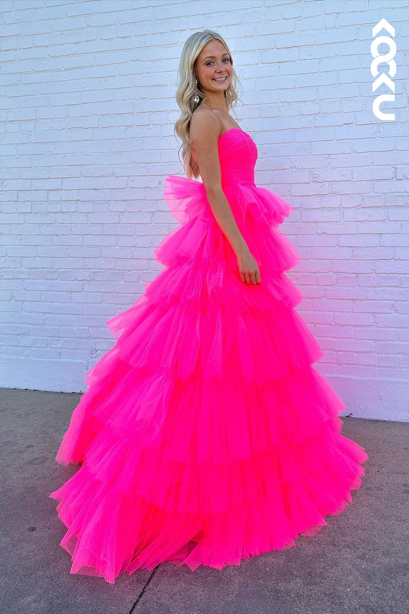 L1684 - Strapless Hot Pink A-Line Tulle Long Prom Gown