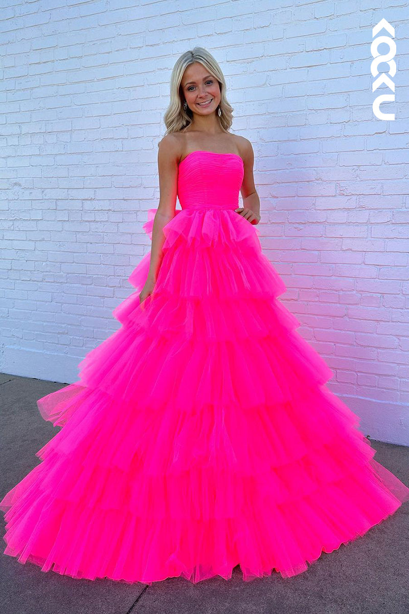 L1684 - Strapless Hot Pink A-Line Tulle Long Prom Gown