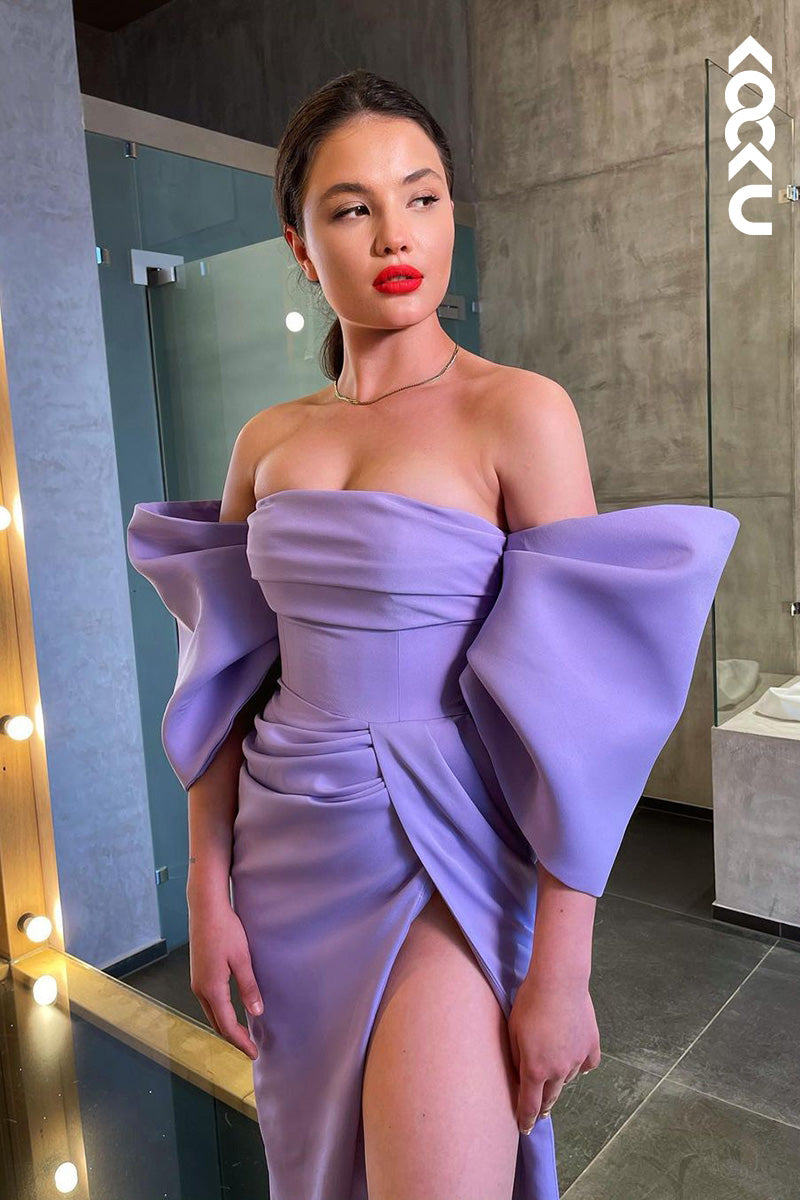 L1685 - Off-Shoulder Ruched Satin Sheath Long Prom Evening Gown With Slit