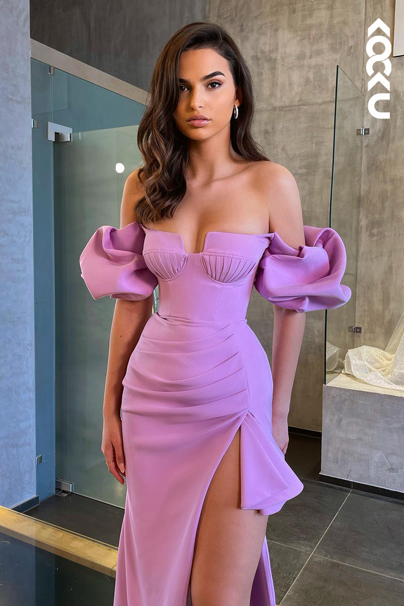 L1686 - Off-Shoulder Ruched Thigh Slit Satin Sheath Prom Evening Gown