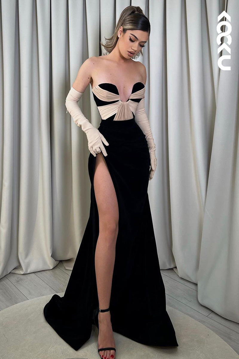 L1688 - V-Neck Strapless Ruched Satin Sheath Long Prom Evening Gown