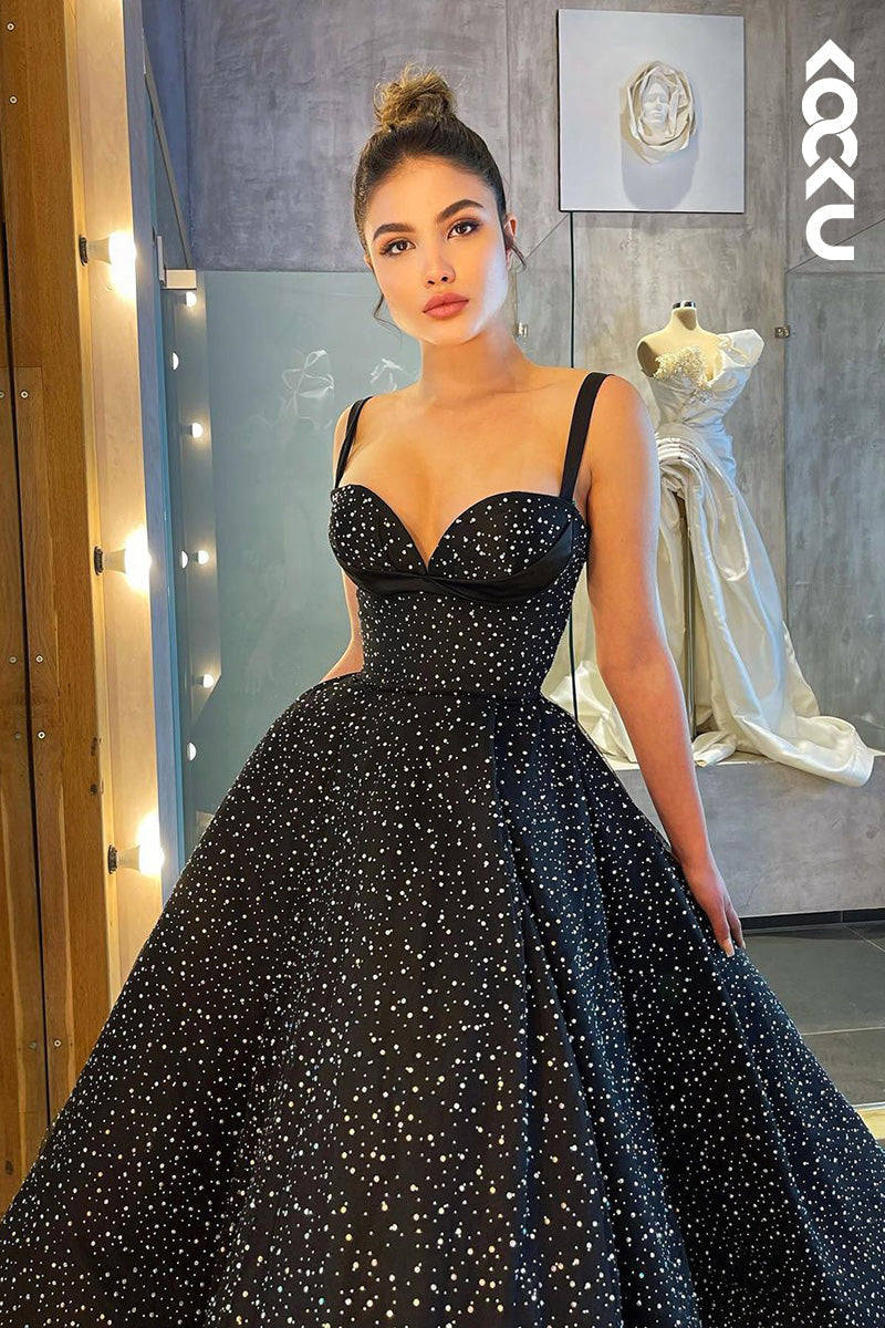 L1692 - Sweetheart Spaghetti Straps Sparkly A-Line Long Prom Gown