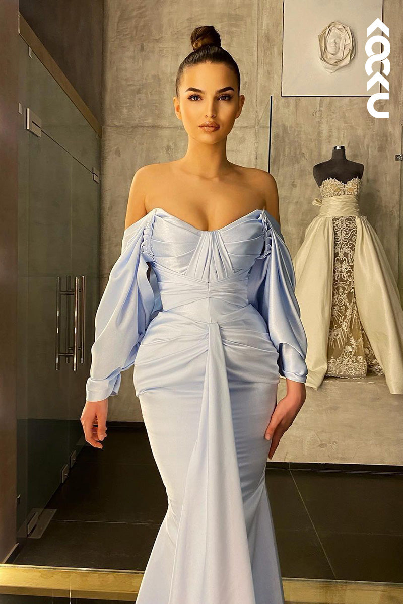 L1695 - Off-Shoulder Long Sleeves Ruched Satin Mermaid Long Prom Gown