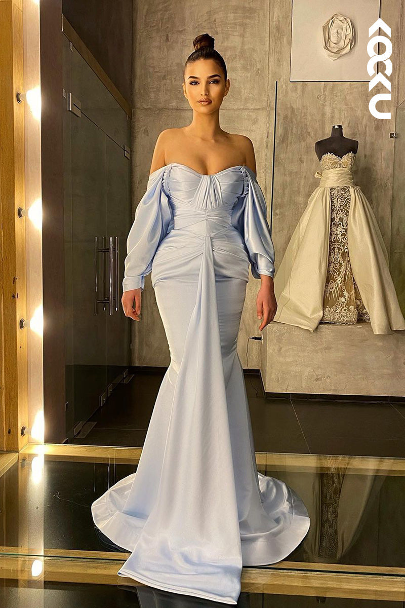 L1695 - Off-Shoulder Long Sleeves Ruched Satin Mermaid Long Prom Gown