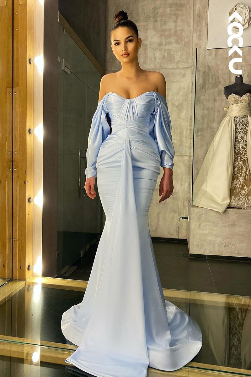 L1695 - Off-Shoulder Long Sleeves Ruched Satin Mermaid Long Prom Gown