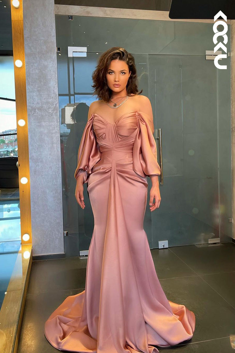L1695 - Off-Shoulder Long Sleeves Ruched Satin Mermaid Long Prom Gown