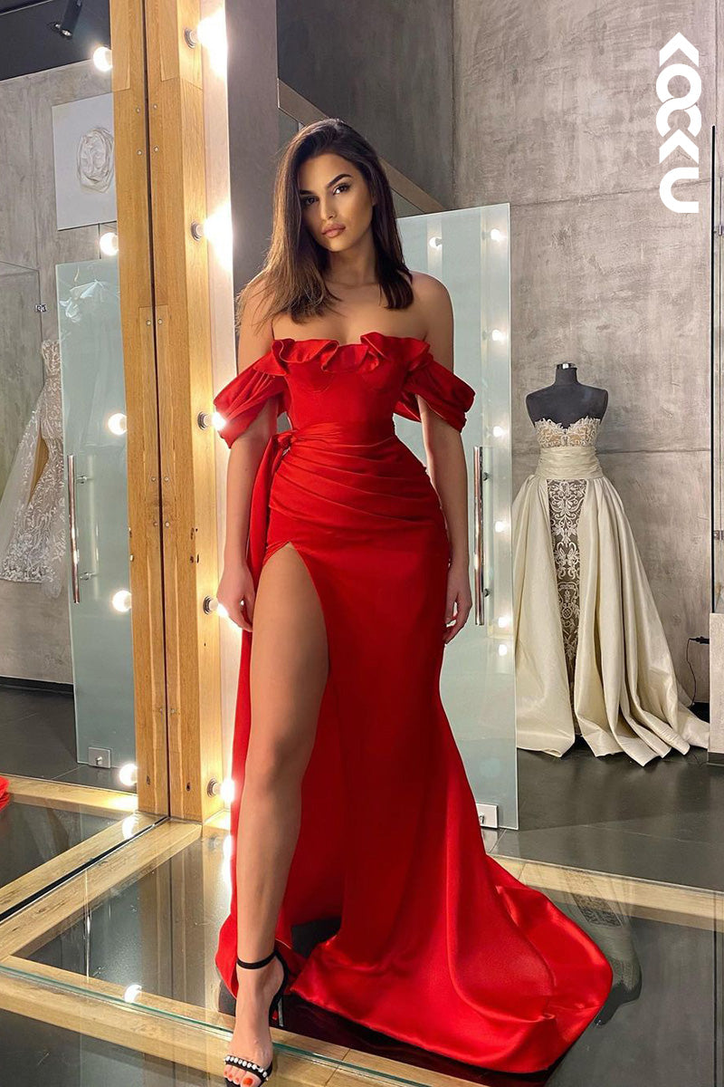 L1698 - Off-Shoulder Ruched Satin Sheath Long Prom Evening Gown