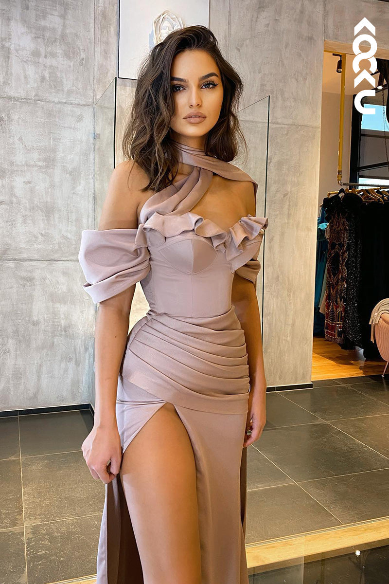 L1699 - Off-Shoulder Ruched Satin Sheath Long Prom Evening Gown