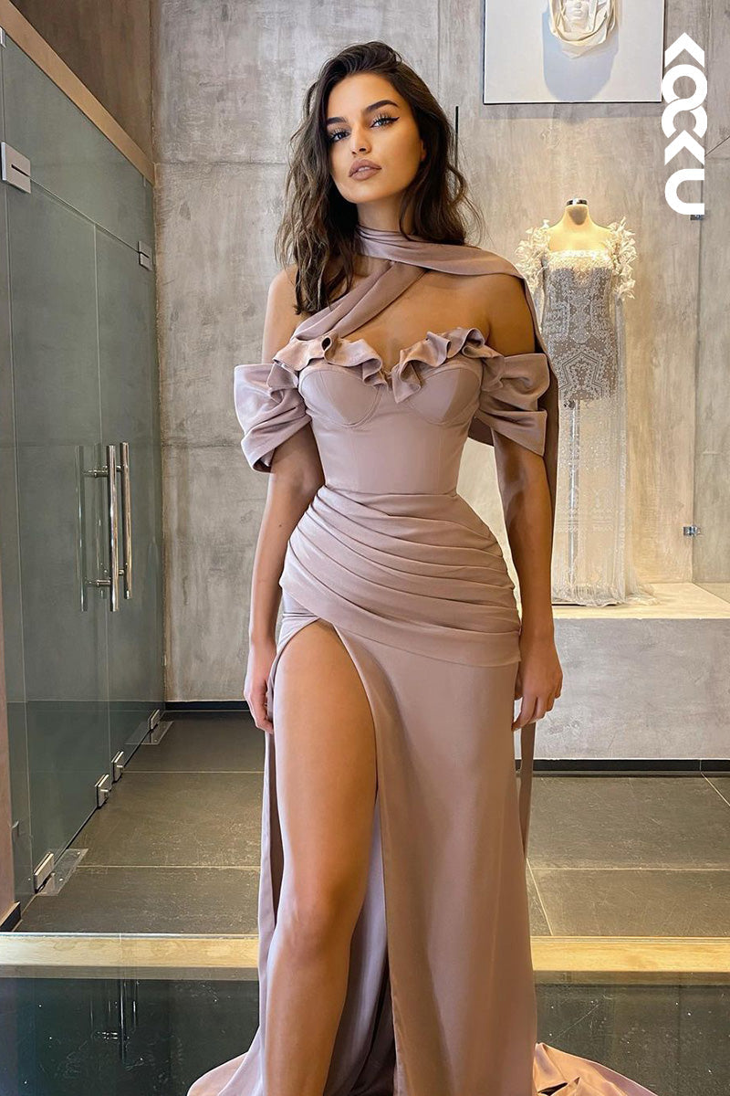 L1699 - Off-Shoulder Ruched Satin Sheath Long Prom Evening Gown