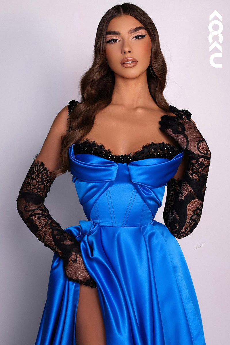 L1706 - Sweetheart Beaded Satin A-Line Long Prom Gown With Thigh Slit