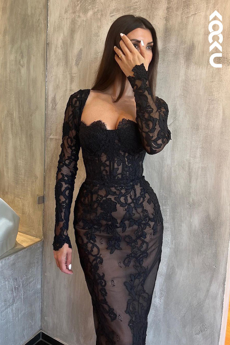 L1707 - Square Neck Long Sleeves Lace Sheath Long Prom Evening Gown