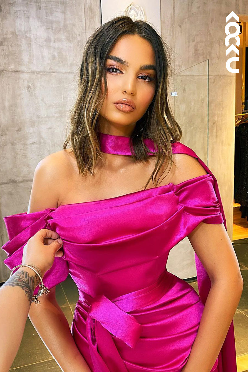 L1710 - Off-Shoulder Ruched Satin Sheath Long Prom Evening Gown With Slit