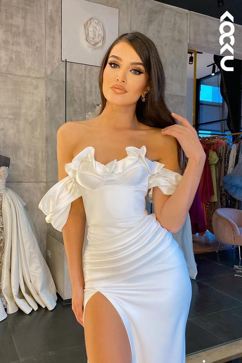 L1717 - Off-Shoulder Ruched Satin Sheath Long Prom Evening Gown With Slit