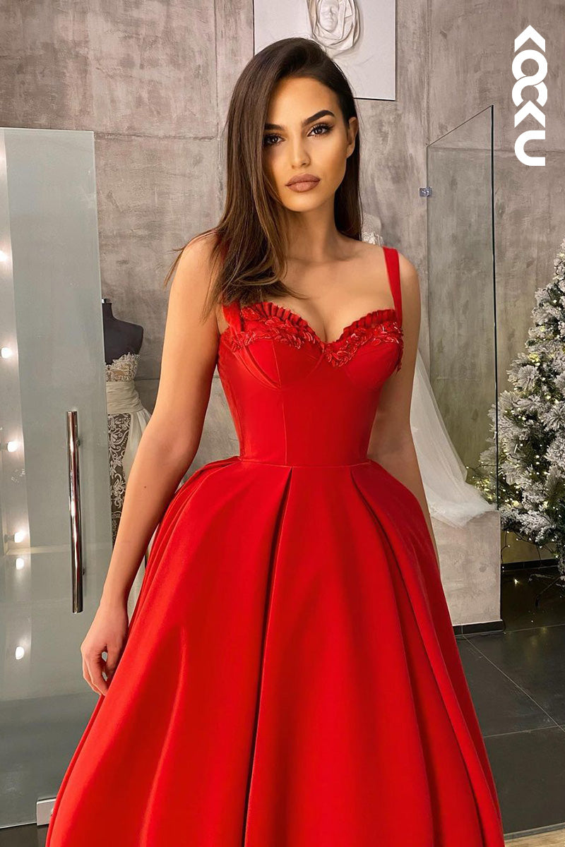 L1718 - Sweetheart Ruffled Satin A-Line Midi Prom Evening Gown