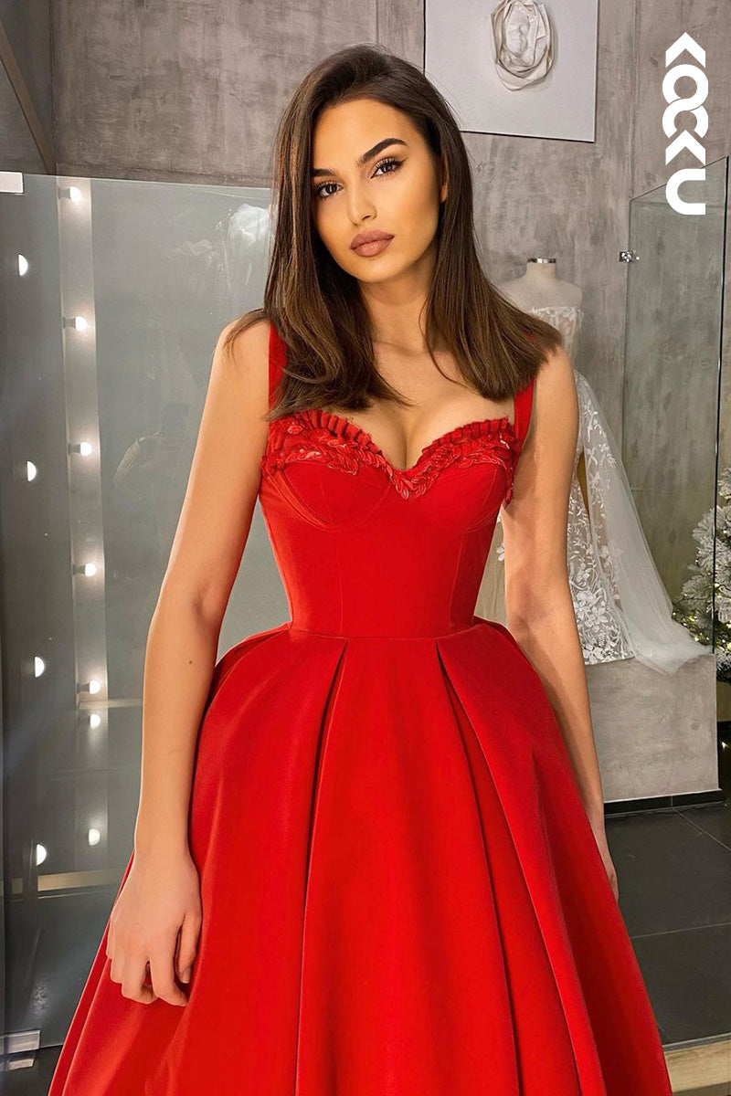 L1718 - Sweetheart Ruffled Satin A-Line Midi Prom Evening Gown
