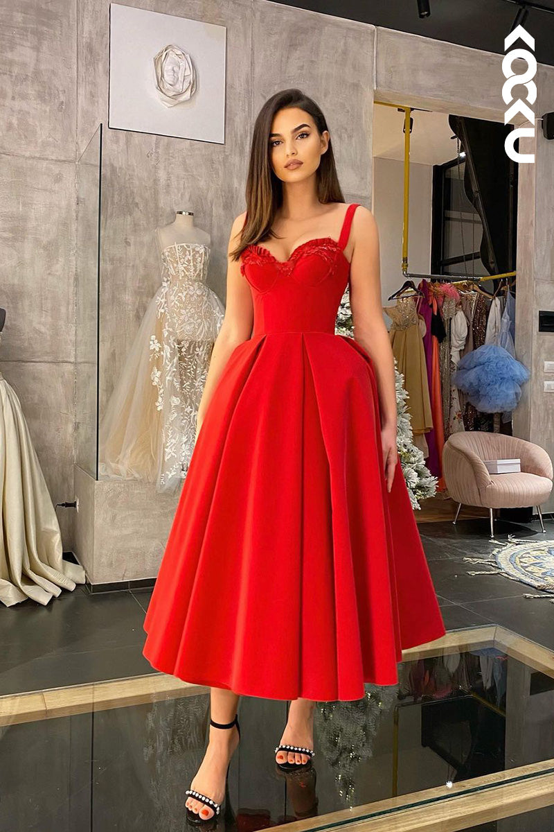 L1718 - Sweetheart Ruffled Satin A-Line Midi Prom Evening Gown