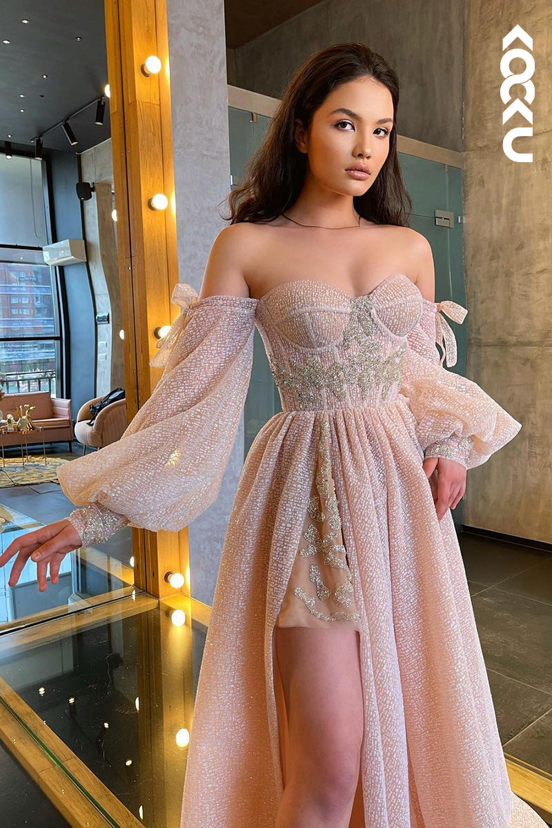 L1719 - Sweetheart Off-Shoulder Long Sleeves A-Line Prom Gown With Slit