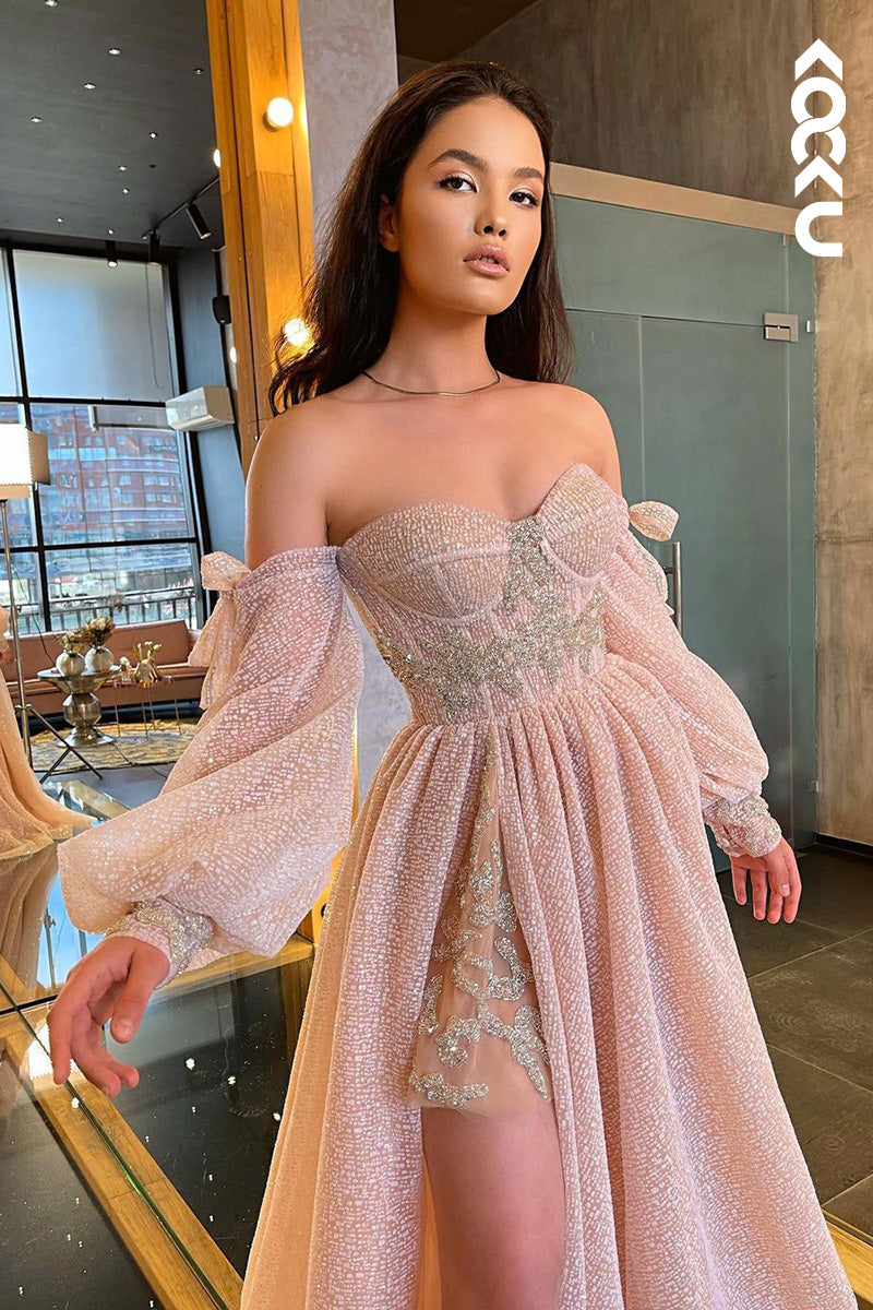 L1719 - Sweetheart Off-Shoulder Long Sleeves A-Line Prom Gown With Slit