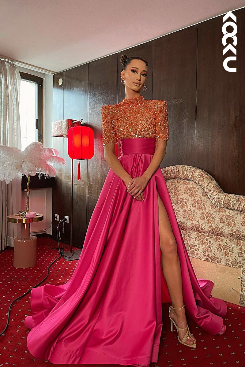 L1721 - High Neck Short Sleeves Beaded Sequined Satin A-Line Long Prom Gown