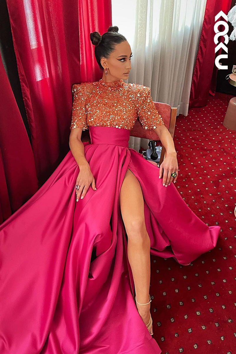 L1721 - High Neck Short Sleeves Beaded Sequined Satin A-Line Long Prom Gown