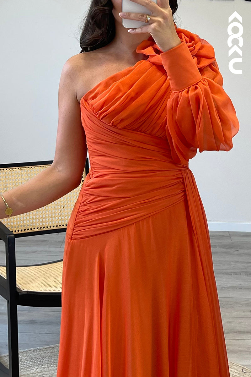 L1722 - A Line One Shoulder Long Sleeves Chiffon Pleated Semi Formal Dress