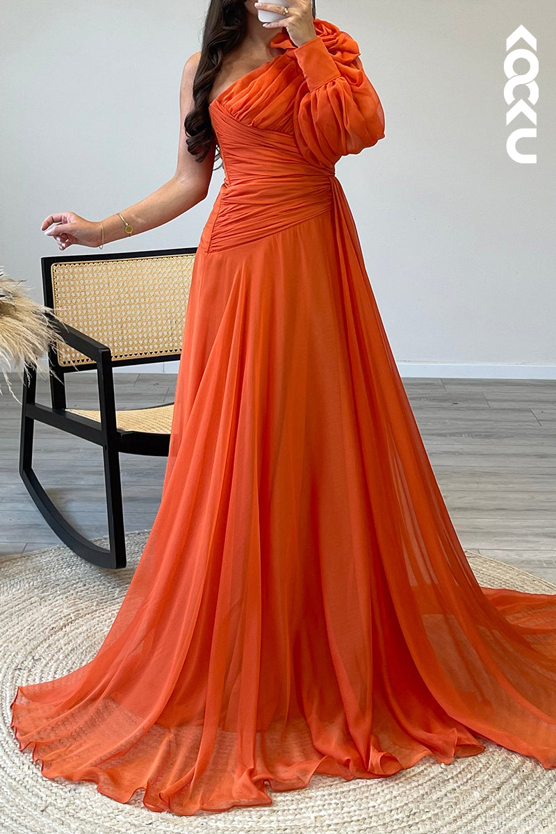 L1722 - A Line One Shoulder Long Sleeves Chiffon Pleated Semi Formal Dress