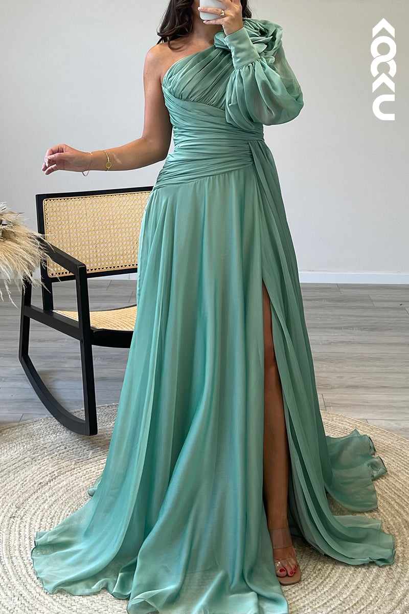 L1722 - A Line One Shoulder Long Sleeves Chiffon Pleated Semi Formal Dress