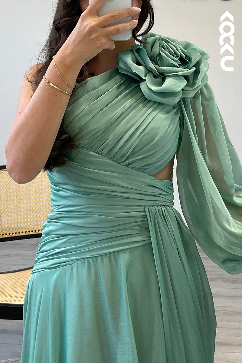 L1722 - A Line One Shoulder Long Sleeves Chiffon Pleated Semi Formal Dress