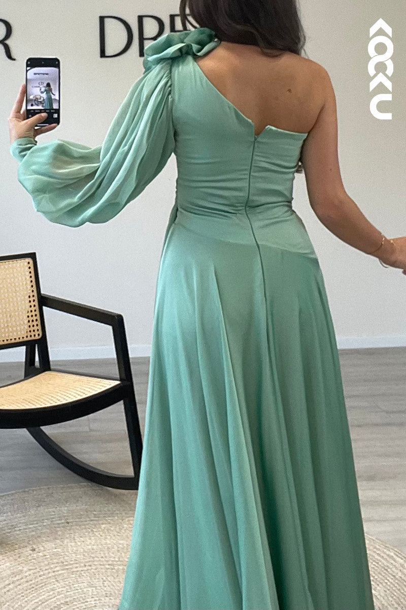 L1722 - A Line One Shoulder Long Sleeves Chiffon Pleated Semi Formal Dress