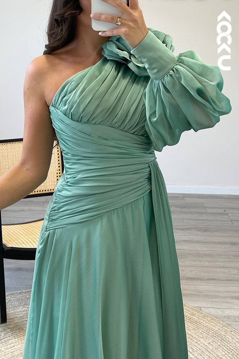 L1722 - A Line One Shoulder Long Sleeves Chiffon Pleated Semi Formal Dress