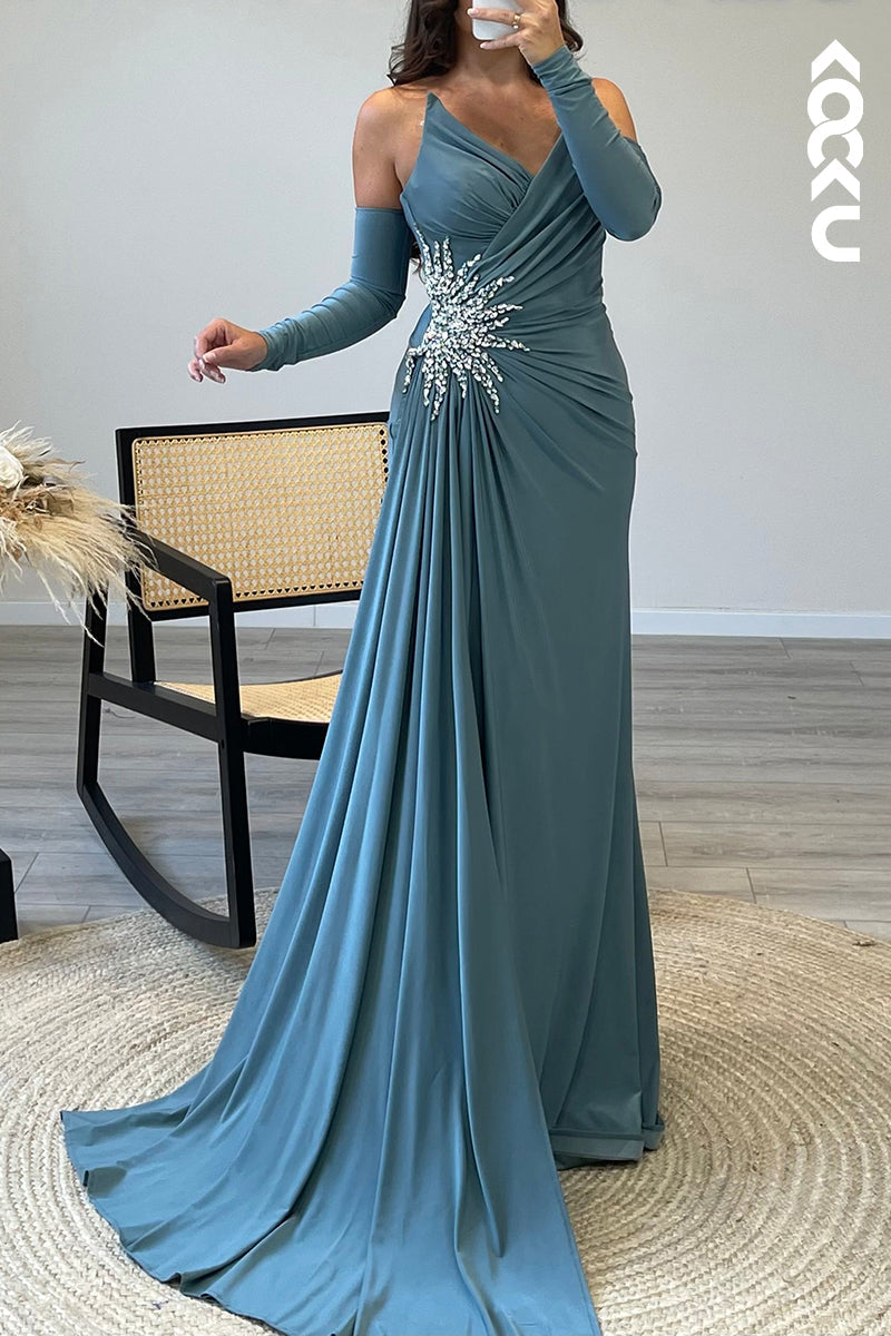 L1724 - Sheath/Column V Neck Strapless Satin Pleated Long Semi Formal Dress