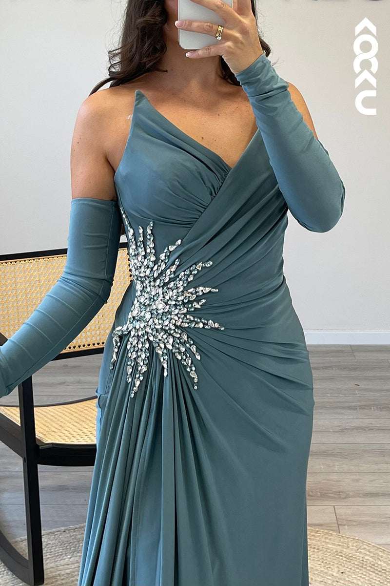 L1724 - Sheath/Column V Neck Strapless Satin Pleated Long Semi Formal Dress