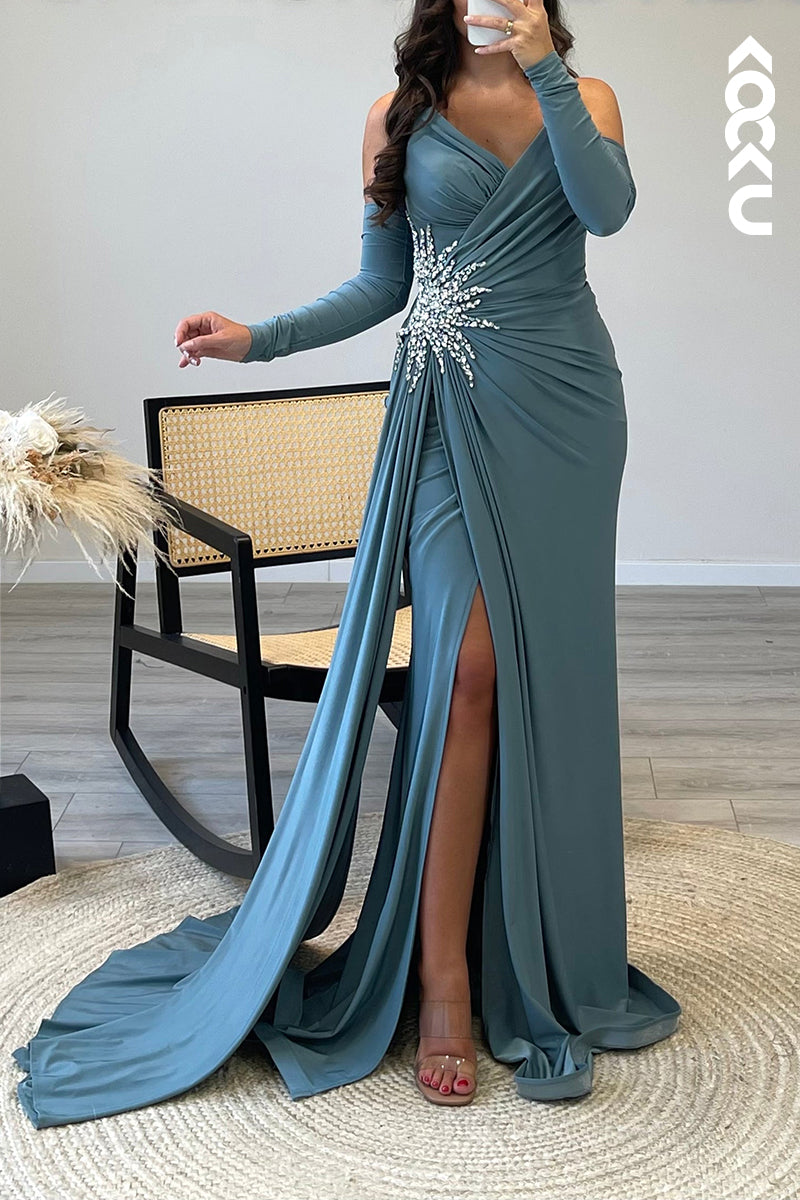 L1724 - Sheath/Column V Neck Strapless Satin Pleated Long Semi Formal Dress