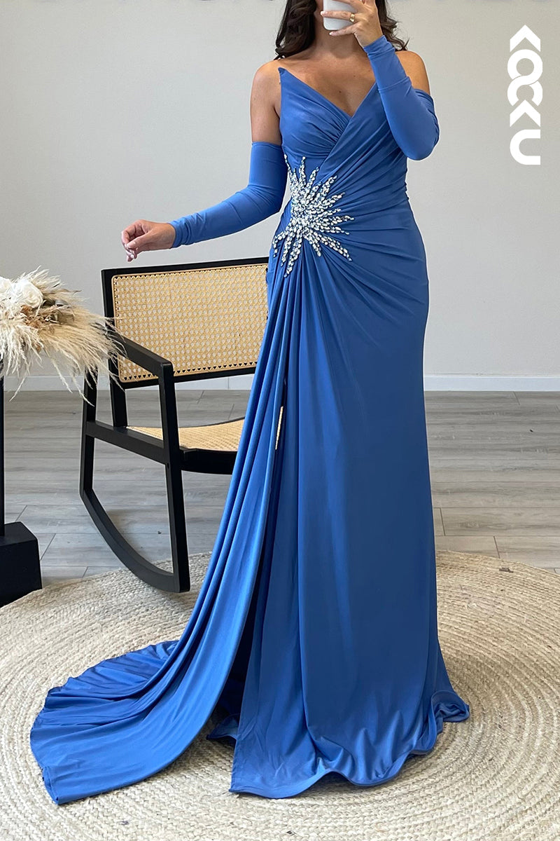 L1724 - Sheath/Column V Neck Strapless Satin Pleated Long Semi Formal Dress