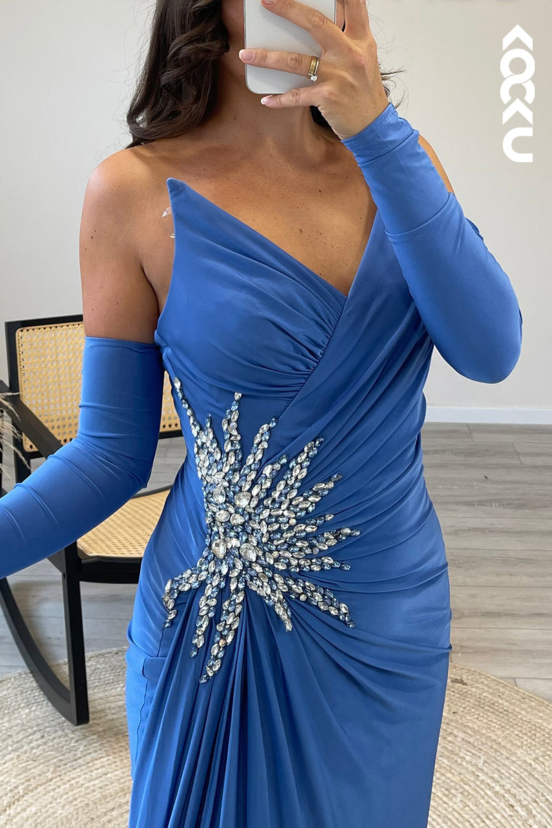 L1724 - Sheath/Column V Neck Strapless Satin Pleated Long Semi Formal Dress