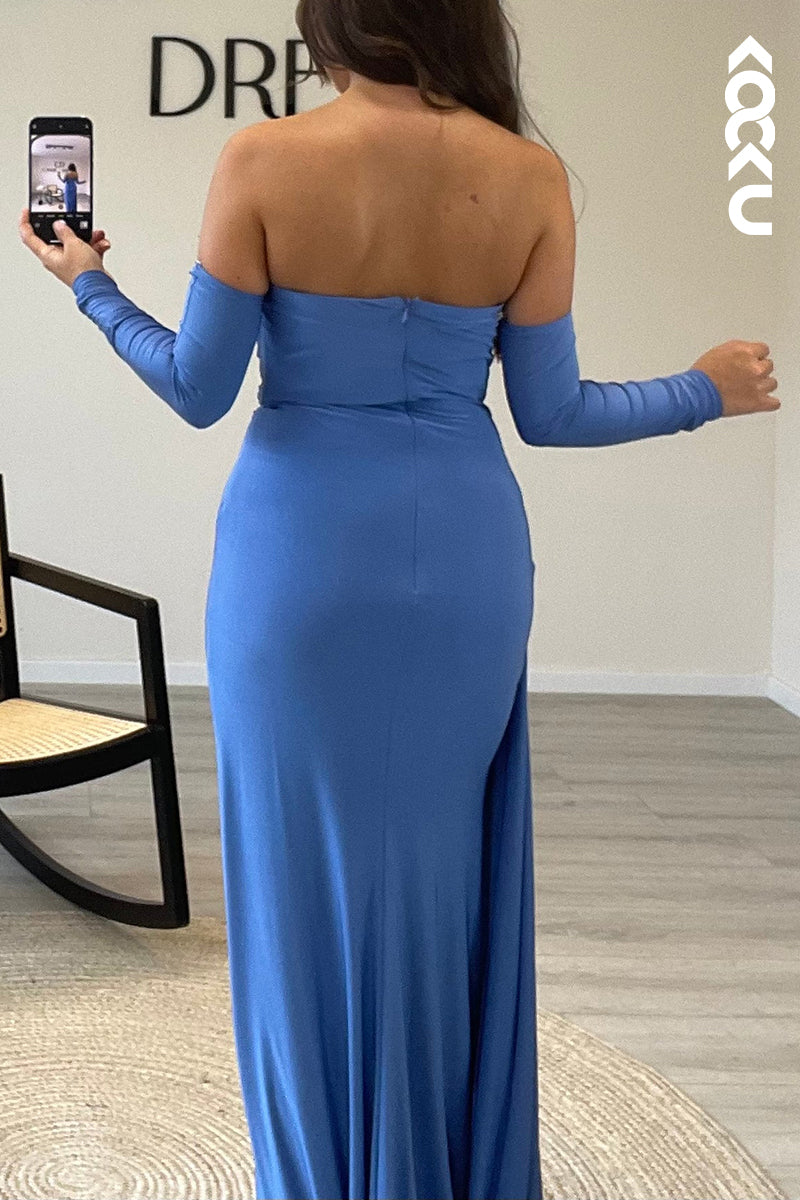L1724 - Sheath/Column V Neck Strapless Satin Pleated Long Semi Formal Dress