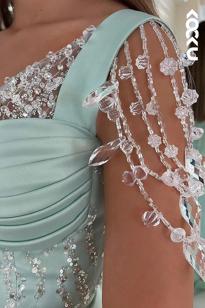 L1725 - Sweetheart Beaded Satin Mermaid Long Prom Gown With Slit