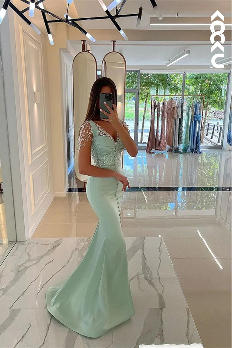L1725 - Sweetheart Beaded Satin Mermaid Long Prom Gown With Slit
