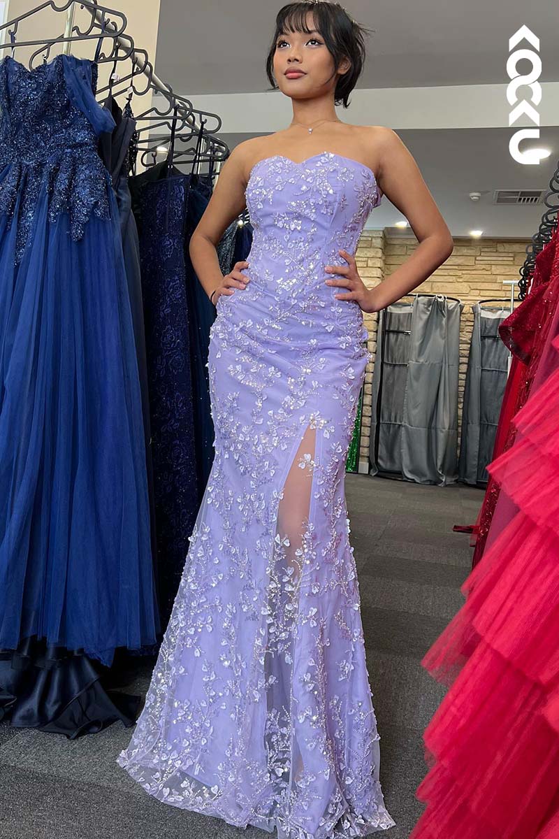 L1727 - Strapless Appliqued Beaded Sheath Long Prom Gown With Slit