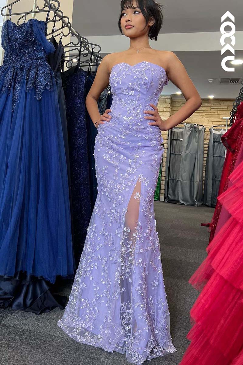 L1727 - Strapless Appliqued Beaded Sheath Long Prom Gown With Slit