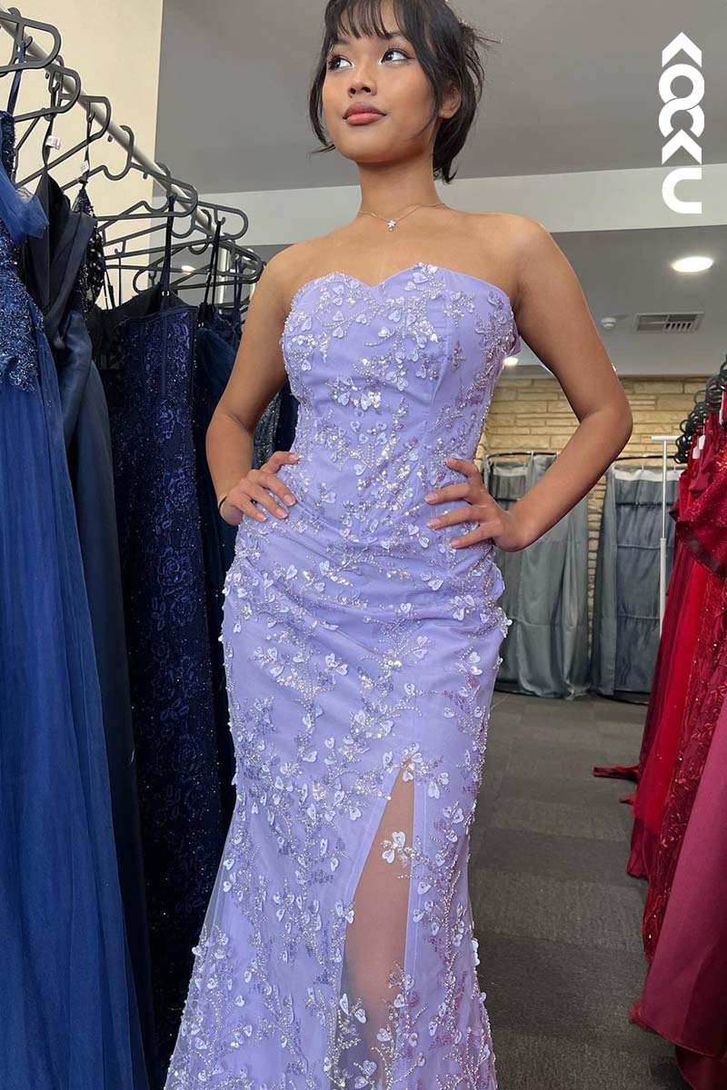 L1727 - Strapless Appliqued Beaded Sheath Long Prom Gown With Slit