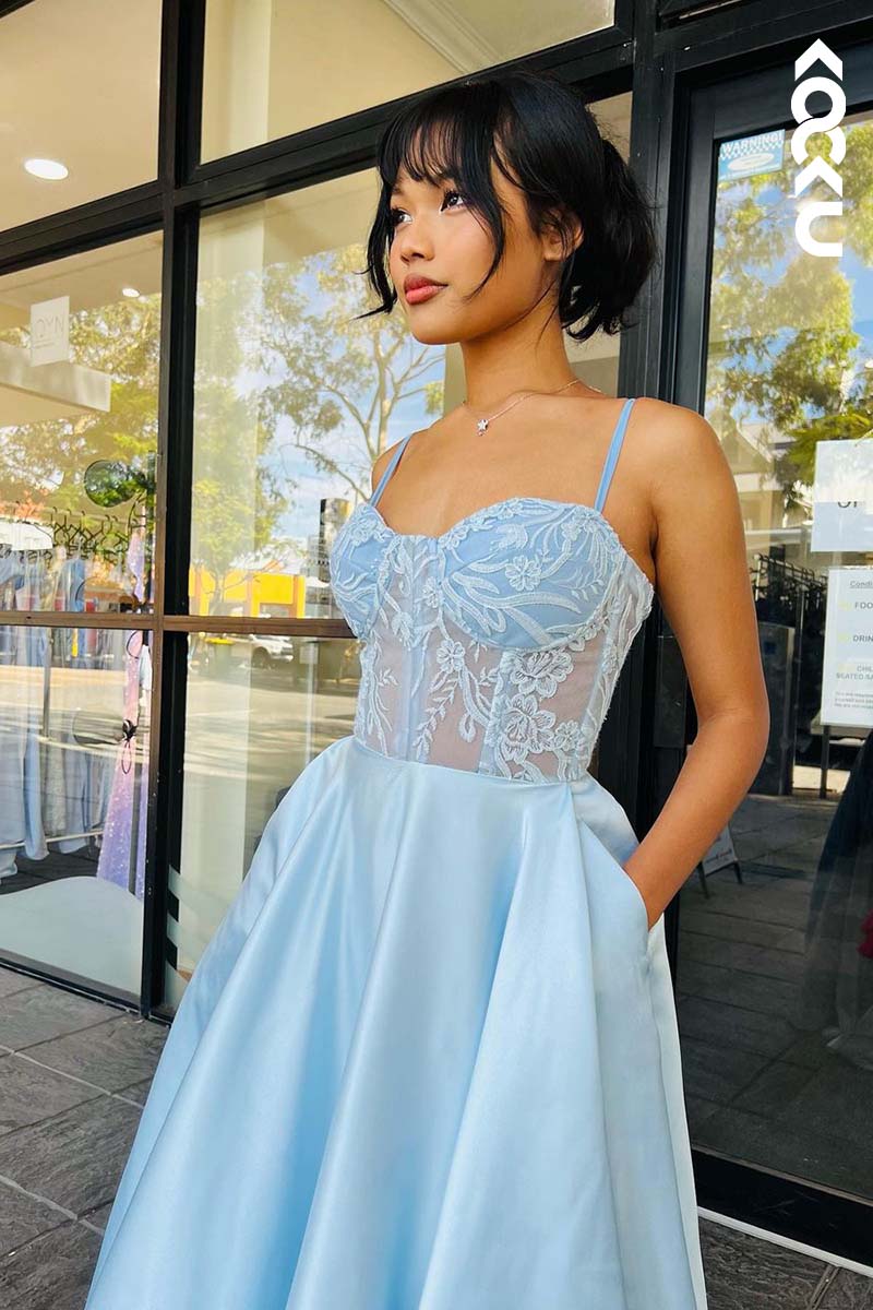 L1728 - Sweetheart Spaghetti Straps Lace Appliqued A-Line Prom Gown