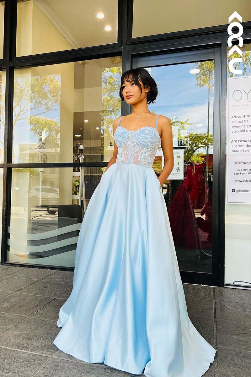 L1728 - Sweetheart Spaghetti Straps Lace Appliqued A-Line Prom Gown