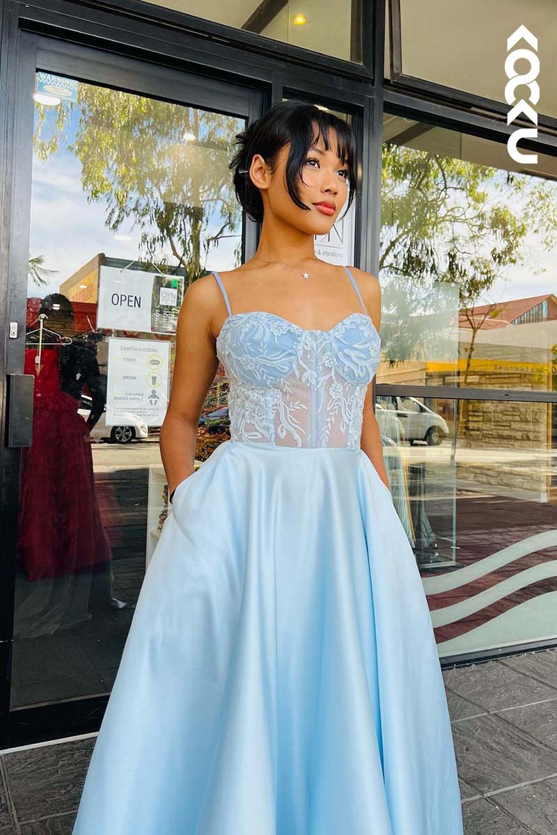 L1728 - Sweetheart Spaghetti Straps Lace Appliqued A-Line Prom Gown