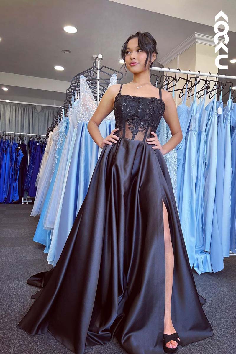 L1729 - Spaghetti Straps Lace Appliqued A-Line Long Prom Gown With Slit