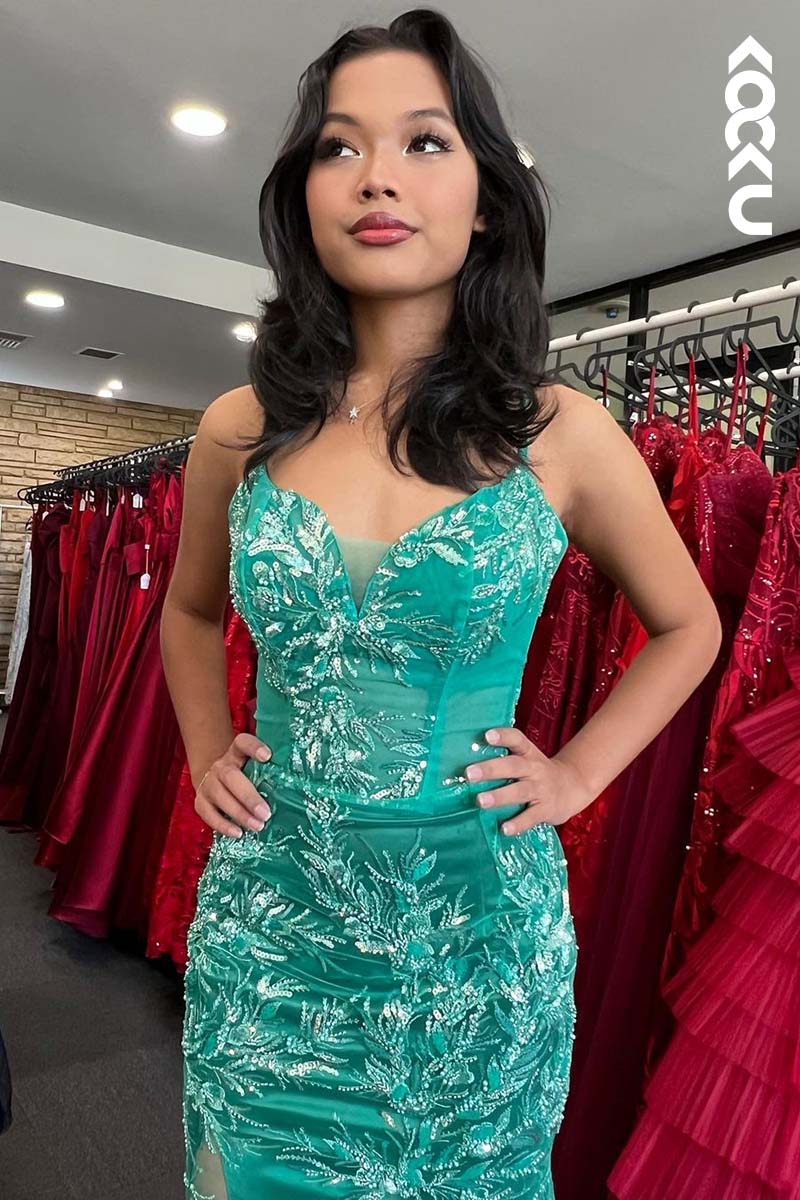 L1730 - V-Neck Spaghetti Straps Lace Appliqued Beaded Sheath Long Prom Gown