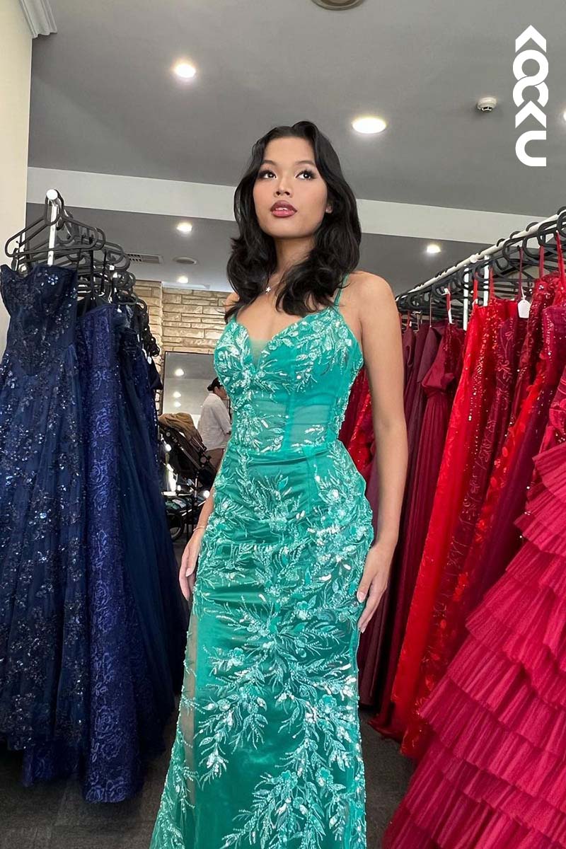 L1730 - V-Neck Spaghetti Straps Lace Appliqued Beaded Sheath Long Prom Gown