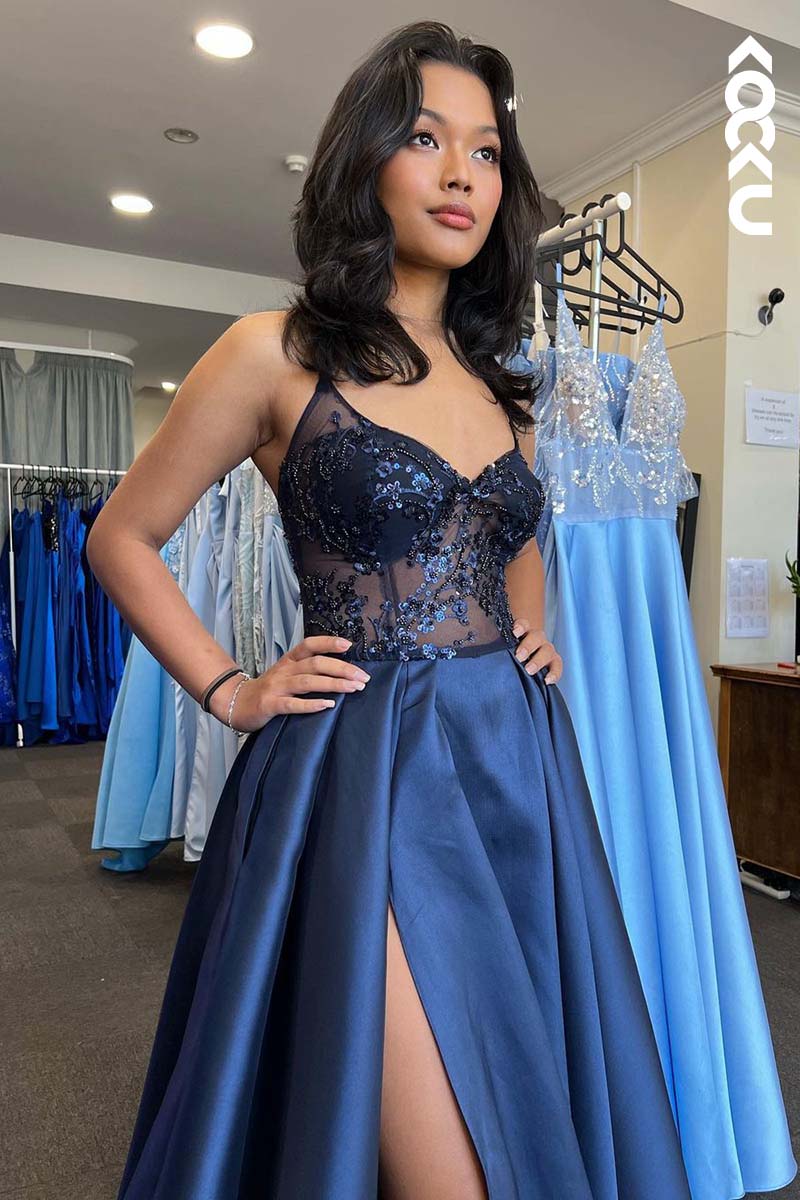 L1731 - V-Neck Sequins Beaded Satin A-Line Long Prom Gown With Slit