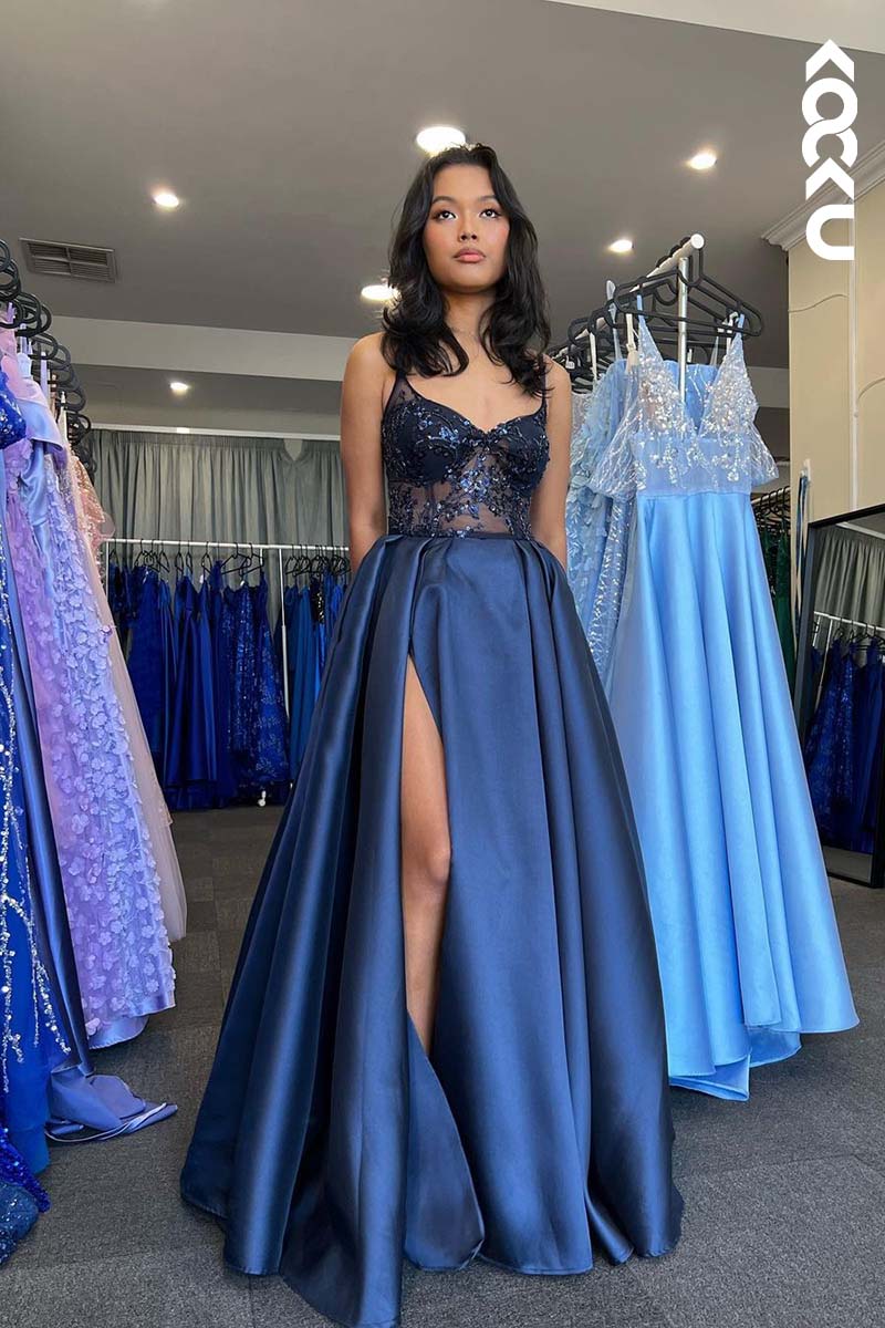 L1731 - V-Neck Sequins Beaded Satin A-Line Long Prom Gown With Slit
